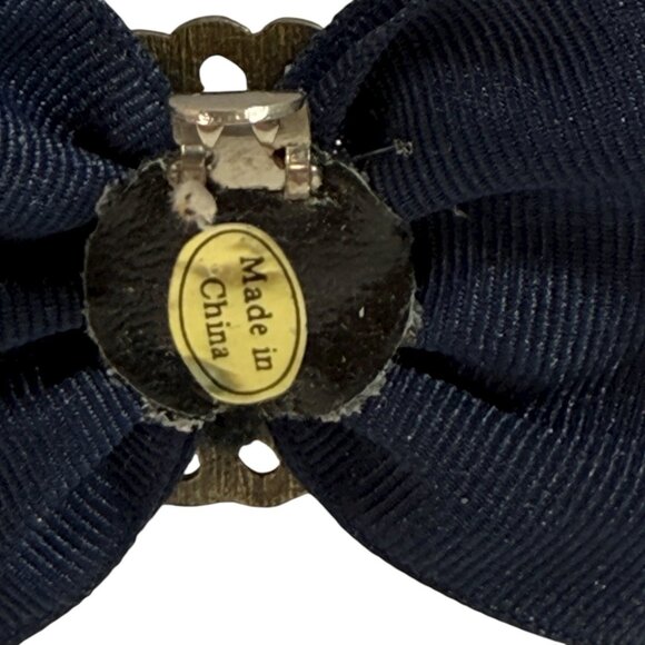 Vintage Shoe Clips Bows 2.25” Navy Blue Ribbon Brass Tone Metal Ring Set Of 2 - Picture 12 of 14
